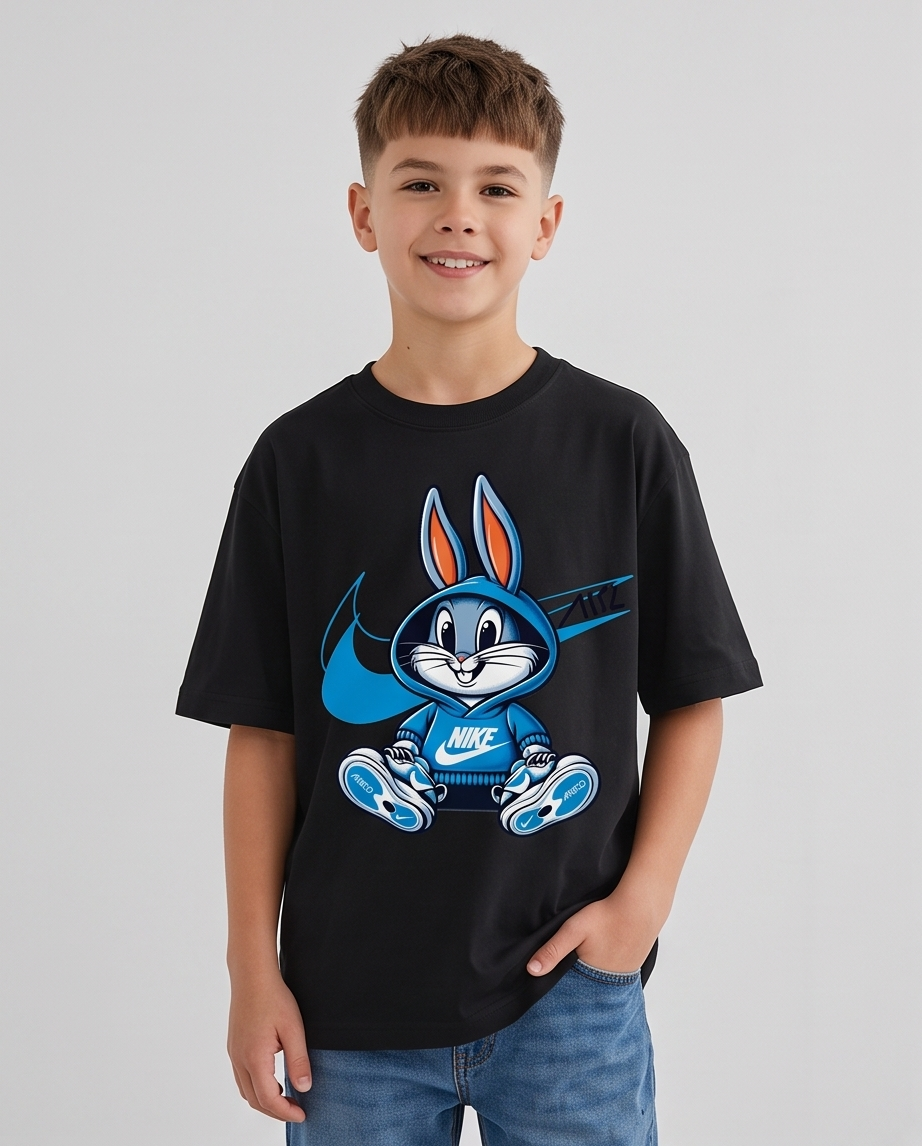 Camiseta Nike Bugs Bunny Hoodie Swoosh Azul - modelo frontal niño sonriendo fondo gris