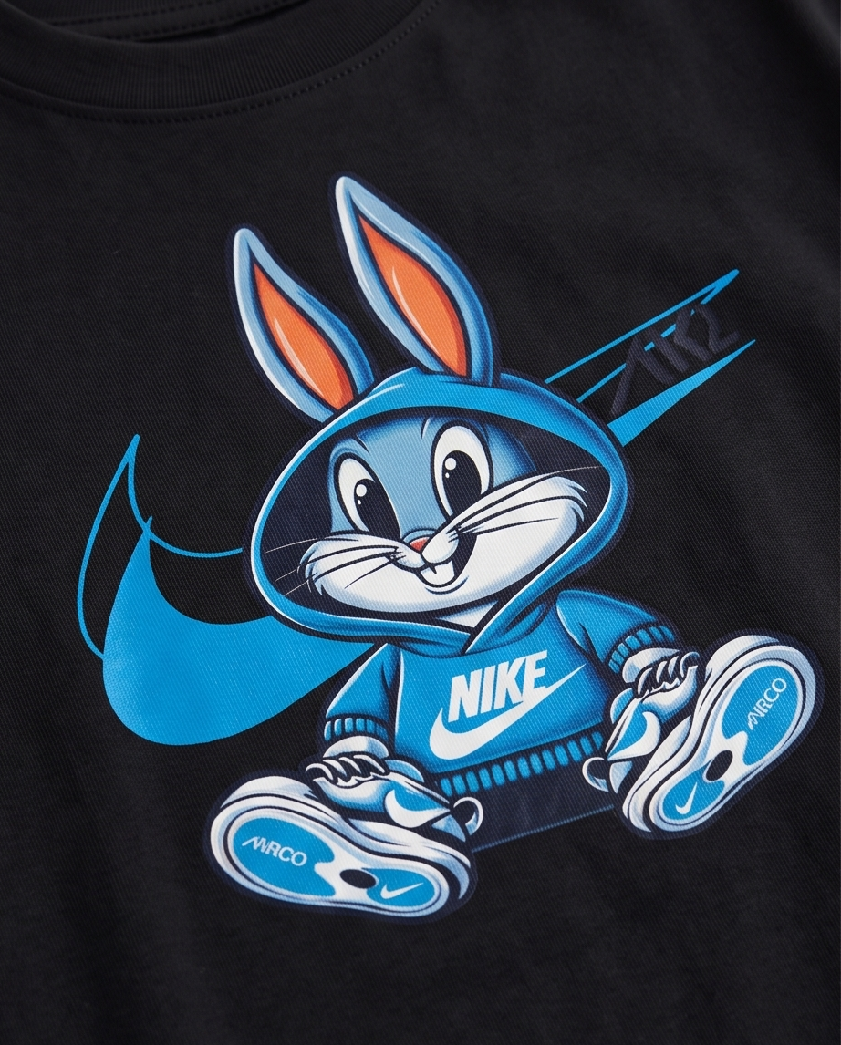 Camiseta Nike Bugs Bunny Hoodie Swoosh Azul - detalle estampado close-up