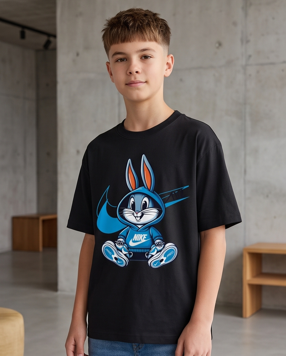 Camiseta Nike Bugs Bunny Hoodie Swoosh Azul Negra Niño - modelo fondo concreto