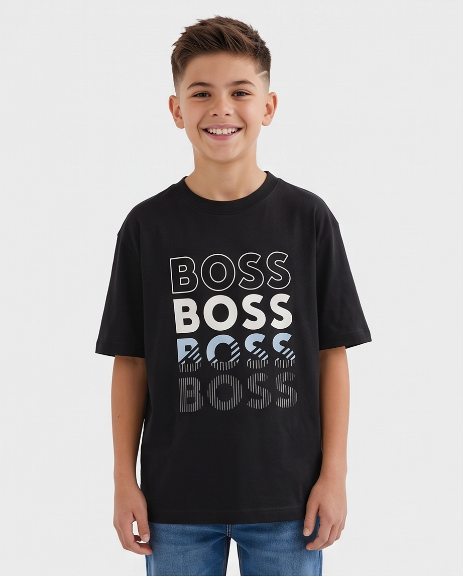 Camiseta Hugo Boss Triple Logo Degradado Azul - detalle estampado close-up cuello