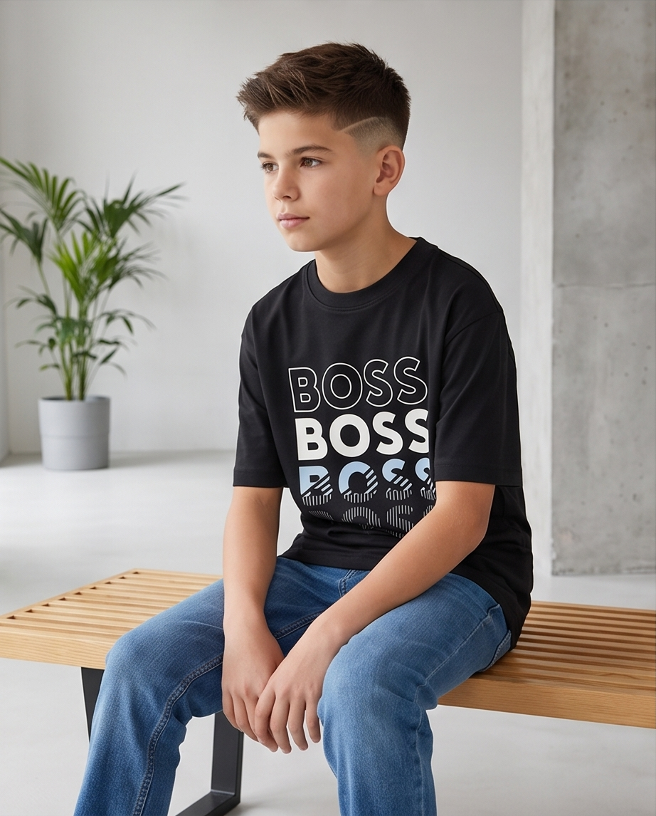 Camiseta Hugo Boss Triple Logo Degradado Azul - modelo sentado banco fondo blanco