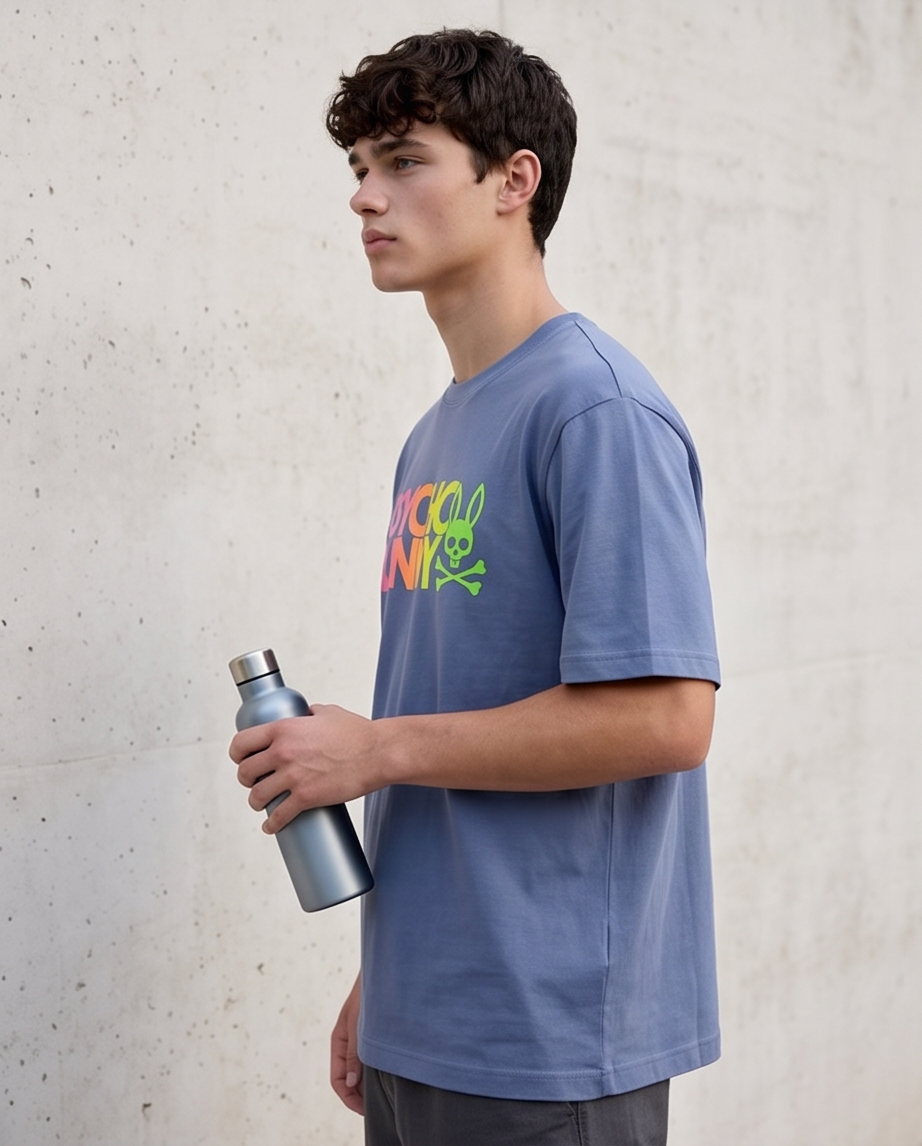 Camiseta Psycho Bunny Logo Neon Degradé Azul Acero perfil