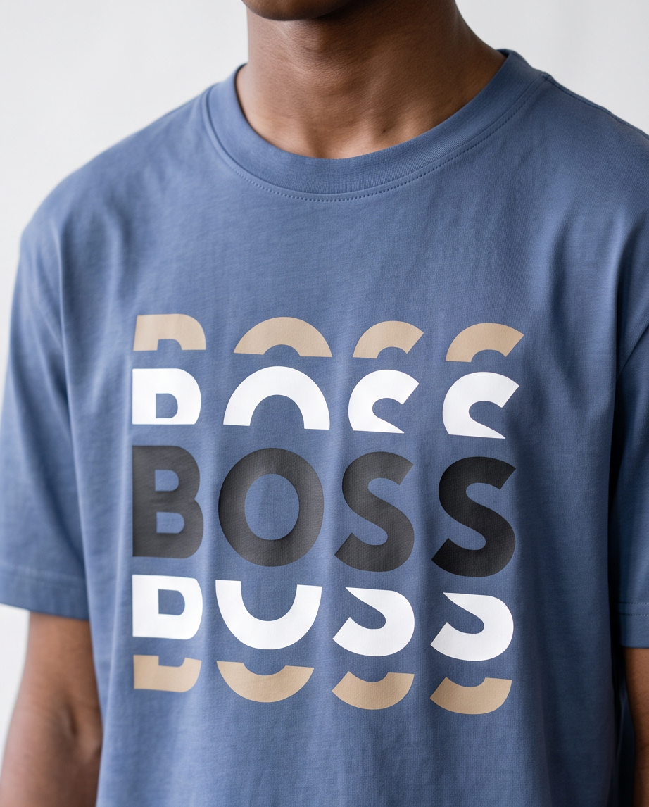 Detalle logo BOSS repeat degradé beige blanco negro