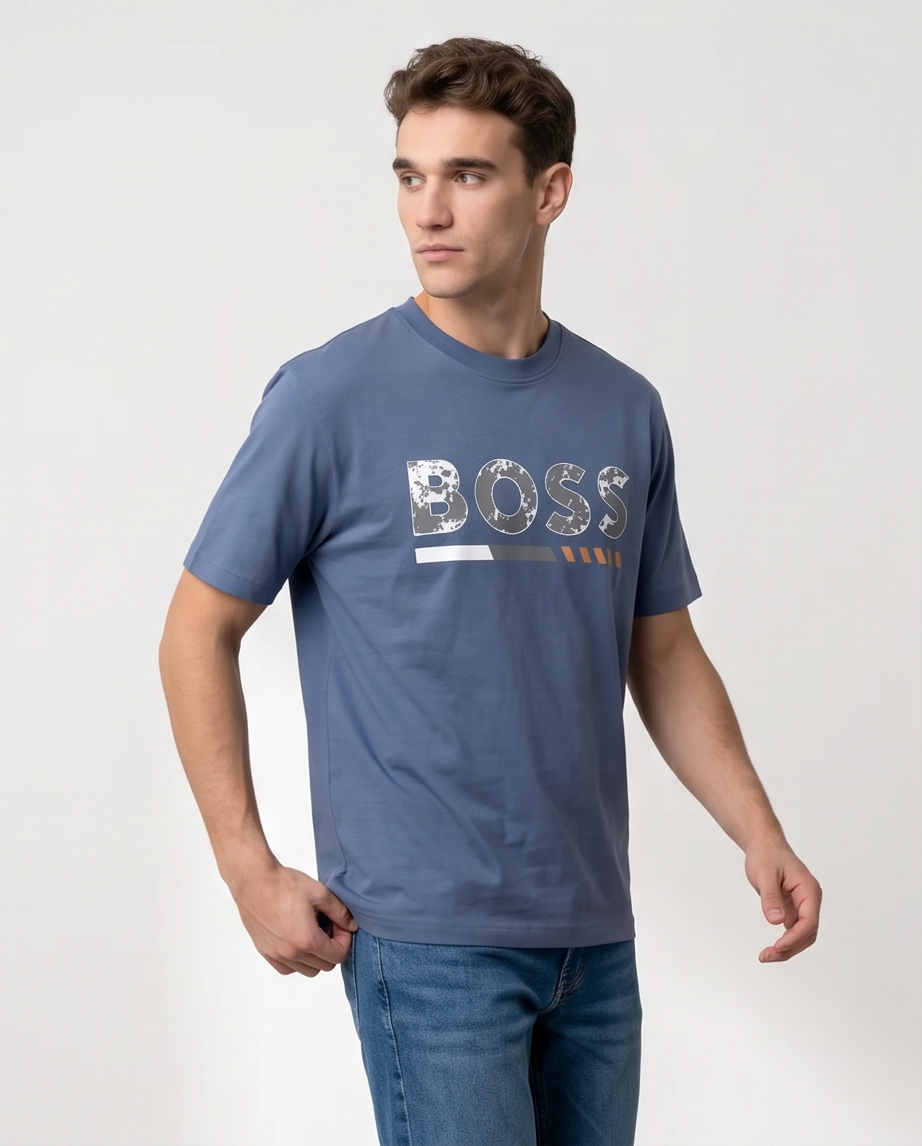 Camiseta Hugo Boss Logo BOSS Distressed Azul Acero Hombre perfil