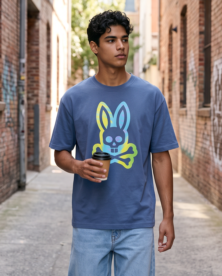 Camiseta Psycho Bunny Skull Bunny Tie-Dye Neon Azul Acero look calle