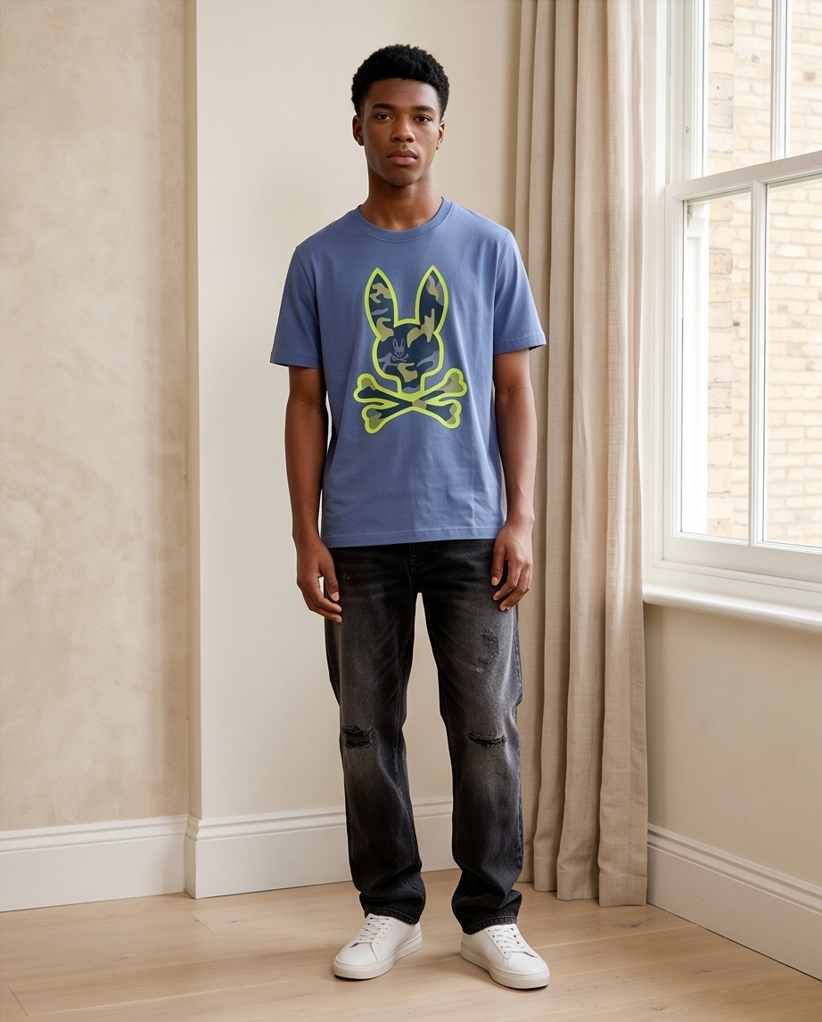 Camiseta Psycho Bunny Skull Bunny Camo Neon Verde Azul Acero Hombre frente
