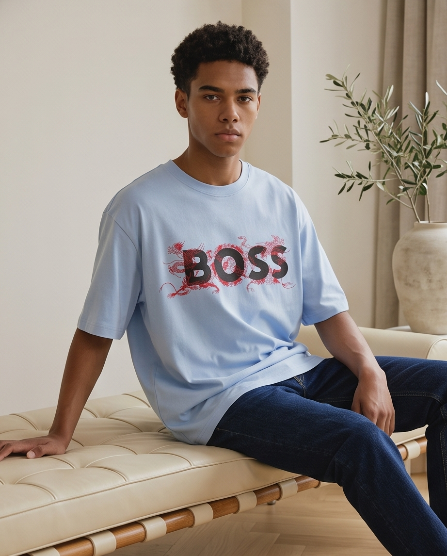 Camiseta Hugo Boss Logo Dragon Rojo Azul Cielo Hombre