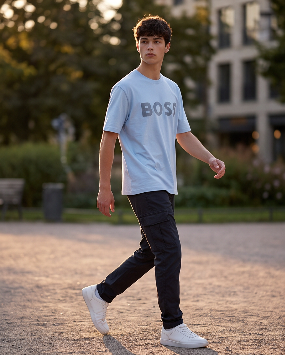 Camiseta Hugo Boss Logo Líneas Diagonales Azul Cielo Hombre - Manga Corta Oversize