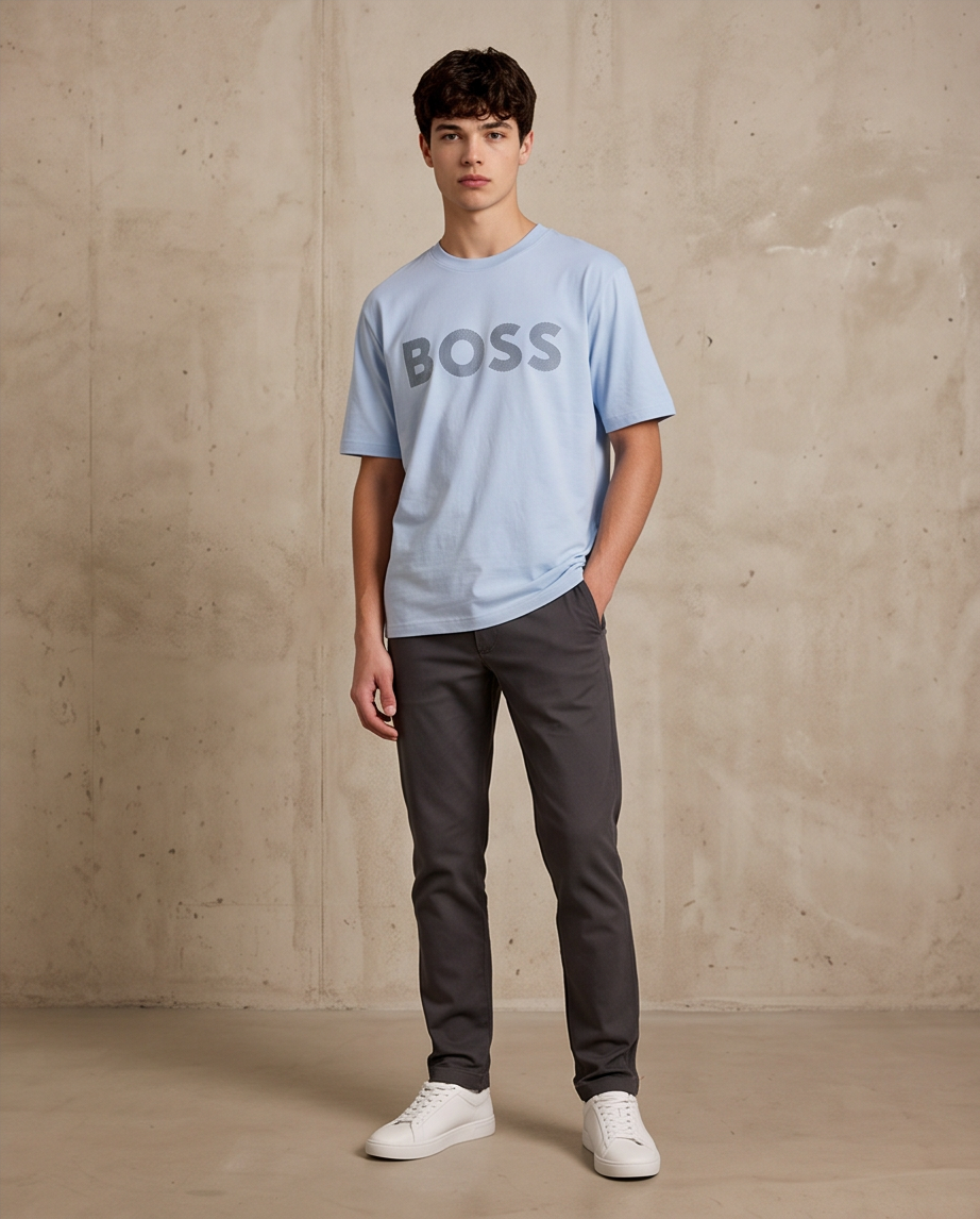 Camiseta Hugo Boss Logo Líneas Diagonales Azul Cielo Hombre - Manga Corta Oversize