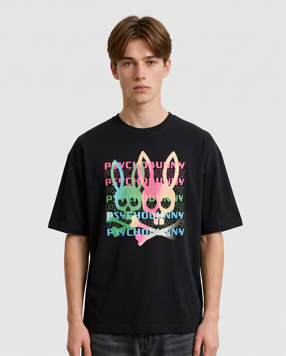Camiseta Psycho Bunny Skull Bunny Neon Repeat Negro look frente