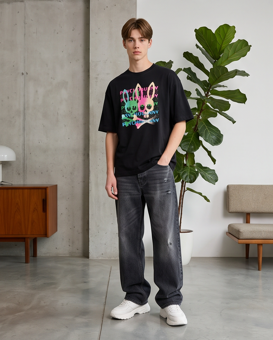 Camiseta Psycho Bunny Skull Bunny Neon Repeat Negro look completo urbano