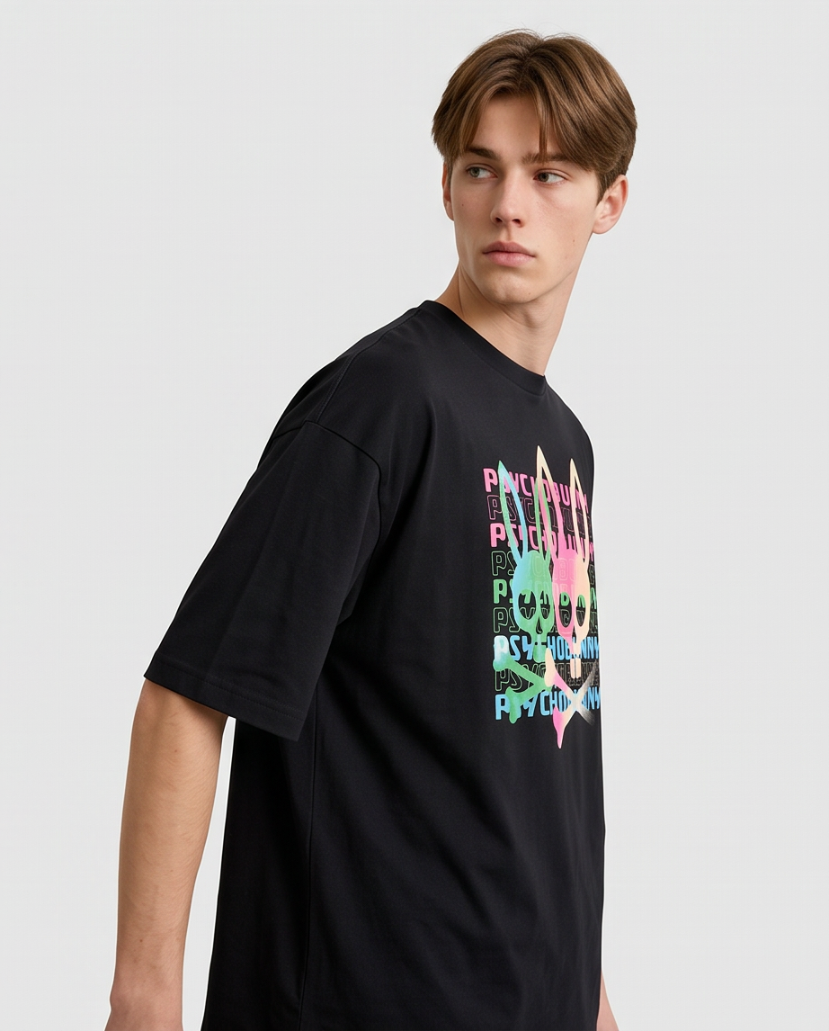 Camiseta Psycho Bunny Skull Bunny Neon Repeat Negro look lateral