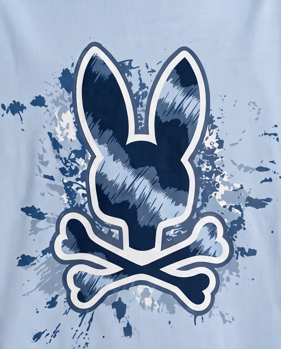 Detalle estampado Skull Bunny splash ink azul marino contorno blanco
