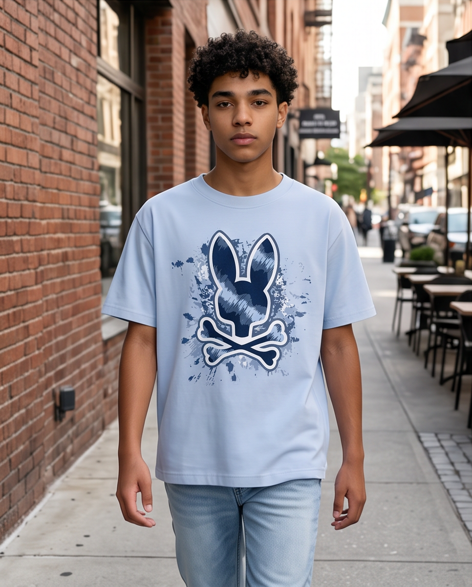 Camiseta Psycho Bunny Skull Bunny Splash Ink Azul Cielo look calle