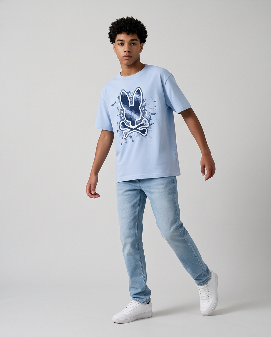 Camiseta Psycho Bunny Skull Bunny Splash Ink Azul Cielo look completo