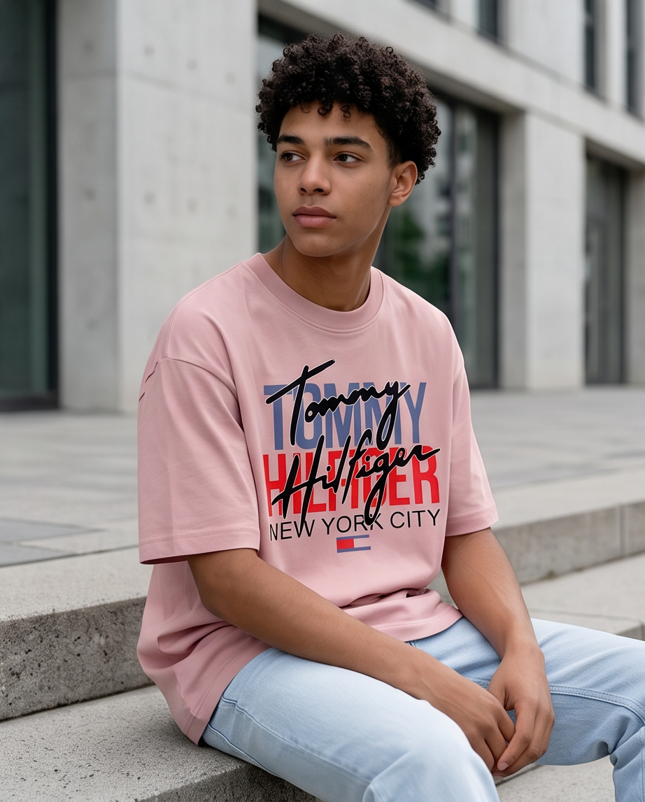 Camiseta Tommy Hilfiger Signature New York City Rosa Palo look urbano sentado