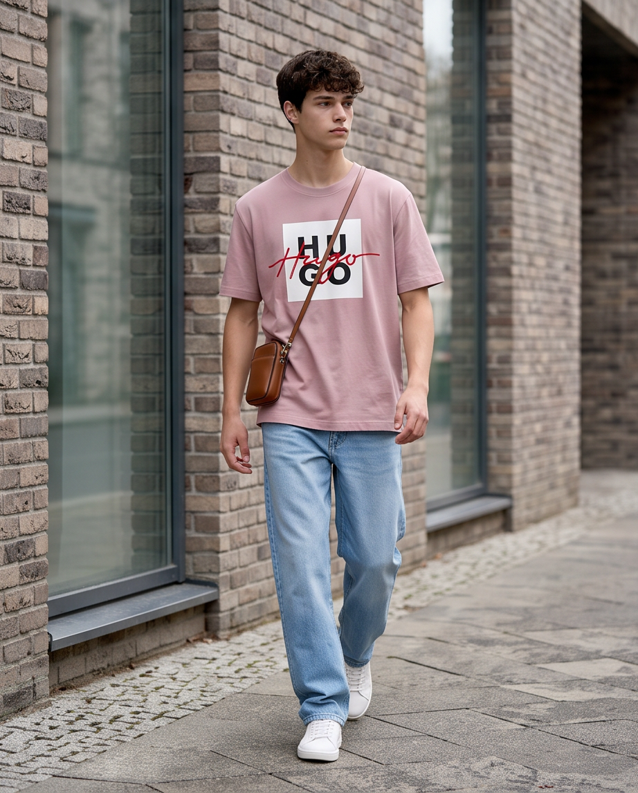 Camiseta Hugo Boss HUGO Panel Firma Cursiva Rosa Palo look calle