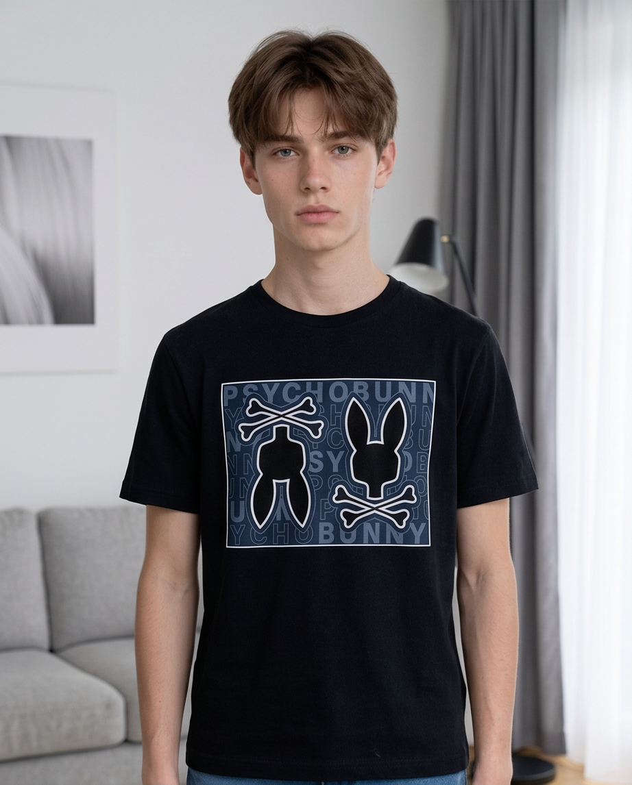 Camiseta Psycho Bunny Double Skull Panel Negro look frente