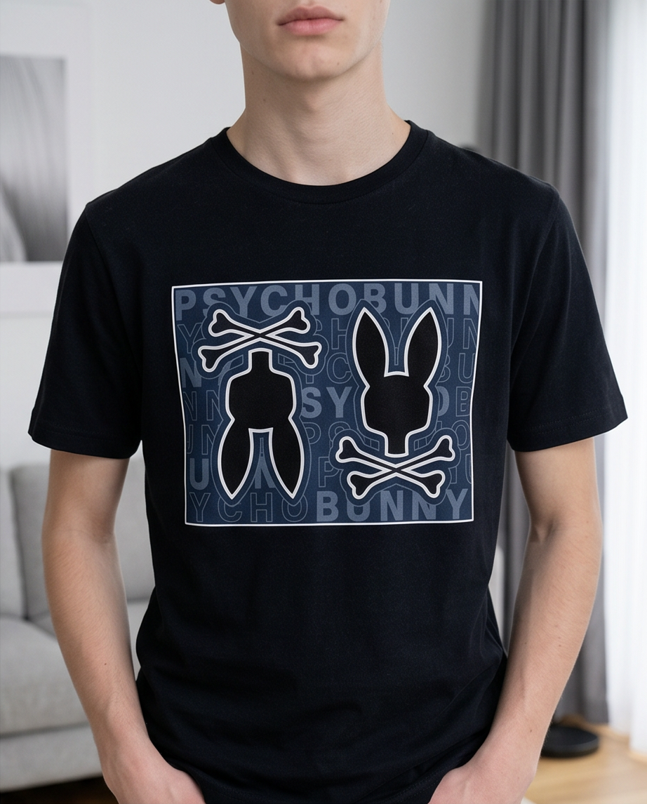 Detalle panel azul marino doble Skull Bunny contorno blanco