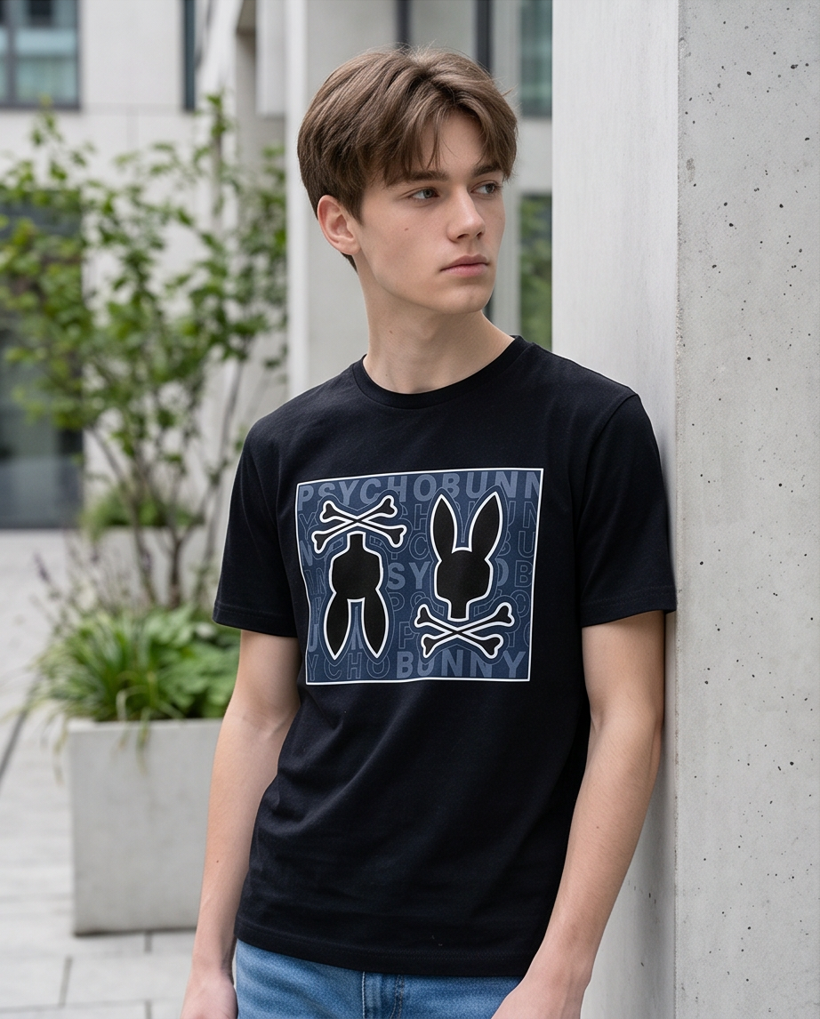 Camiseta Psycho Bunny Double Skull Panel Azul Marino look calle