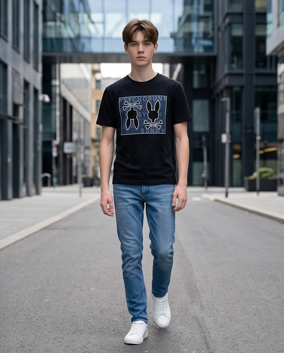 Camiseta Psycho Bunny Double Skull Panel Negro look urbano completo
