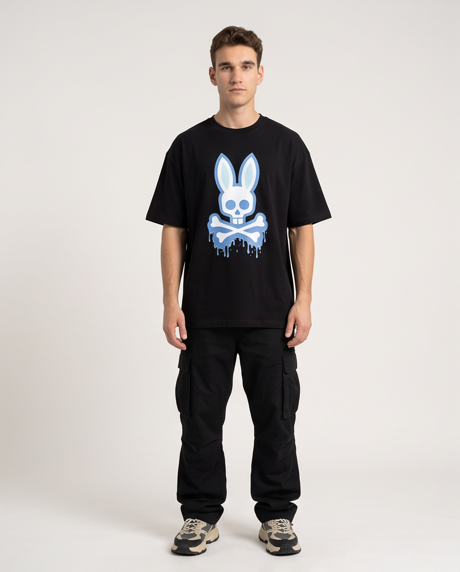 Camiseta Psycho Bunny Negro Oversize look frente completo