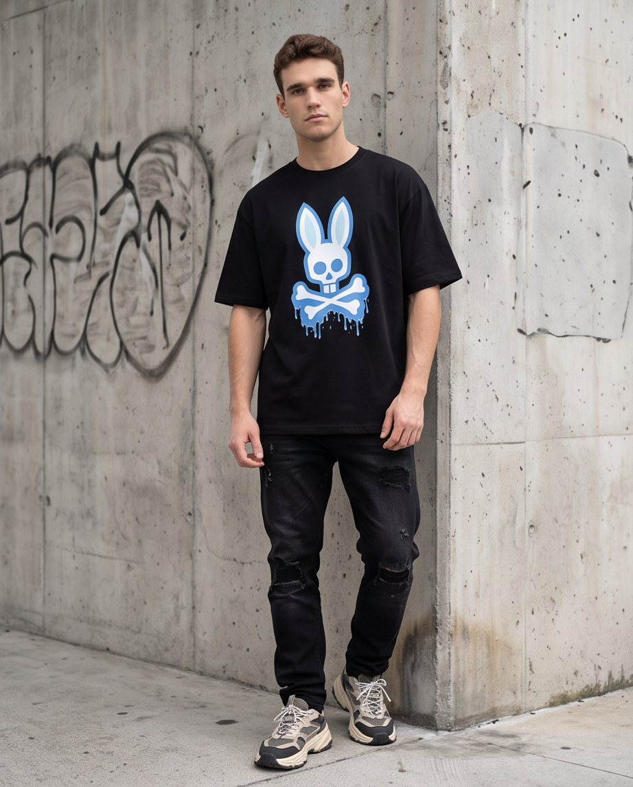 Camiseta Psycho Bunny Skull Bunny Drip Azul Cielo Negro Oversize look calle