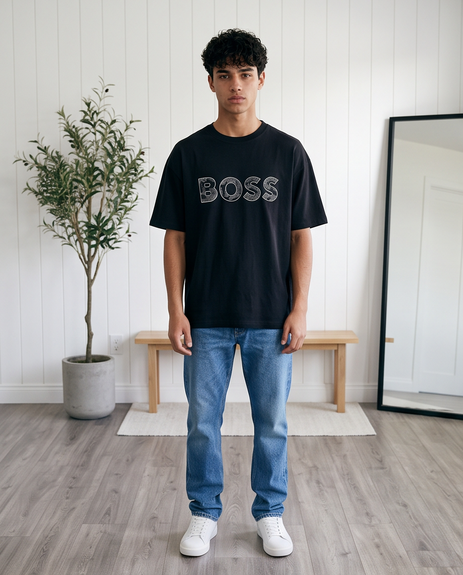 Camiseta Hugo Boss Negro Oversize look frente completo