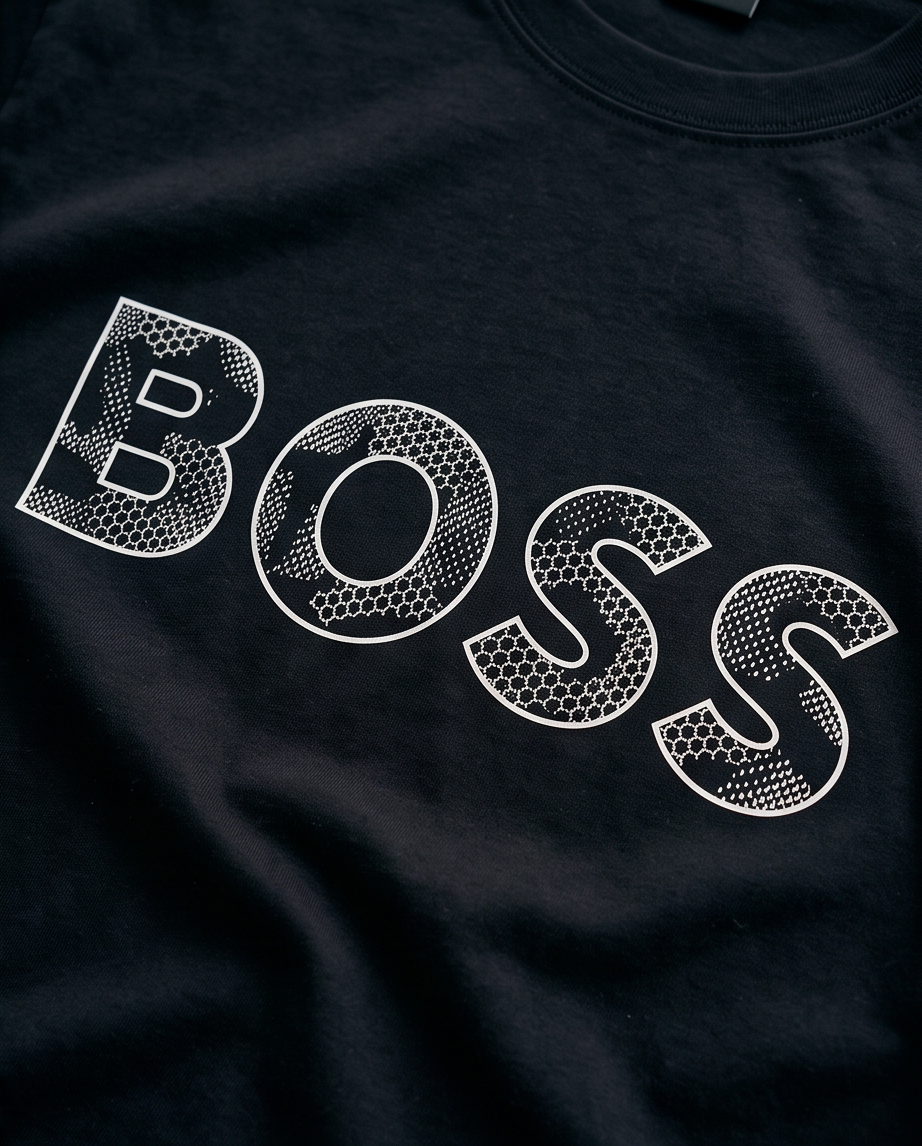 Detalle logo BOSS efecto honeycomb puntos blancos contorno blanco