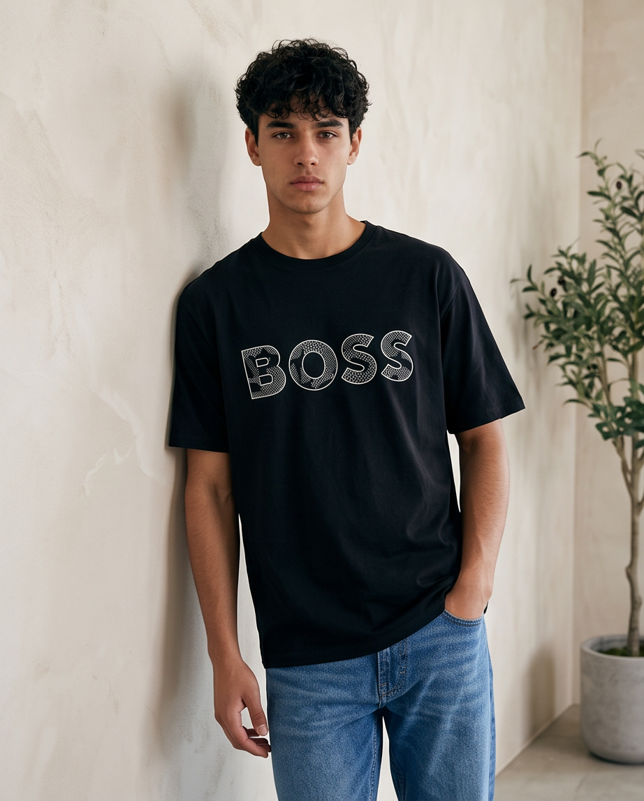 Camiseta Hugo Boss Logo BOSS Honeycomb Negro Oversize look lateral