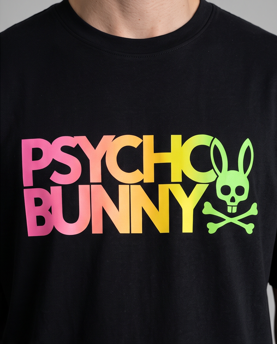Detalle logo PSYCHO BUNNY neon degradé rosa naranja verde negro