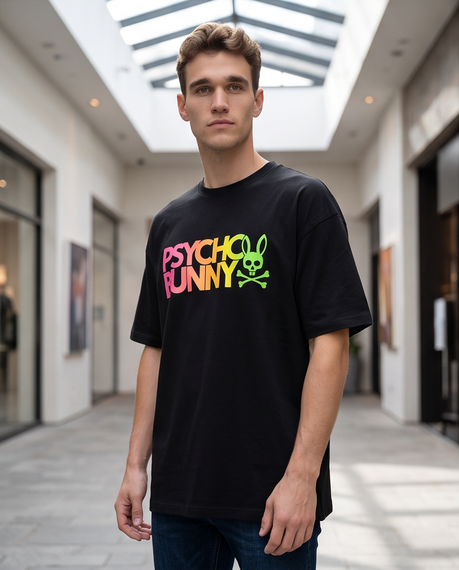 Camiseta Psycho Bunny Logo Neon Degradé Negro Oversize look mall