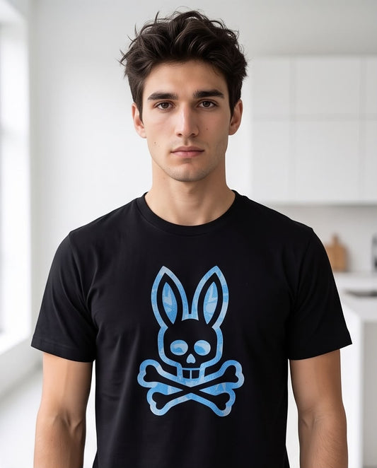 Camiseta Psycho Bunny Blue Camo Bunny Negra Hombre - Manga Corta Algodón