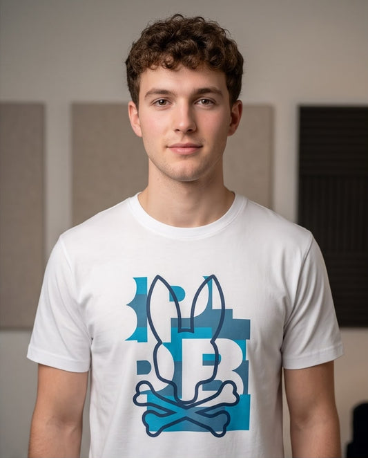 Camiseta Psycho Bunny Logo Gráfico Azul Blanca Hombre - Manga Corta Algodón