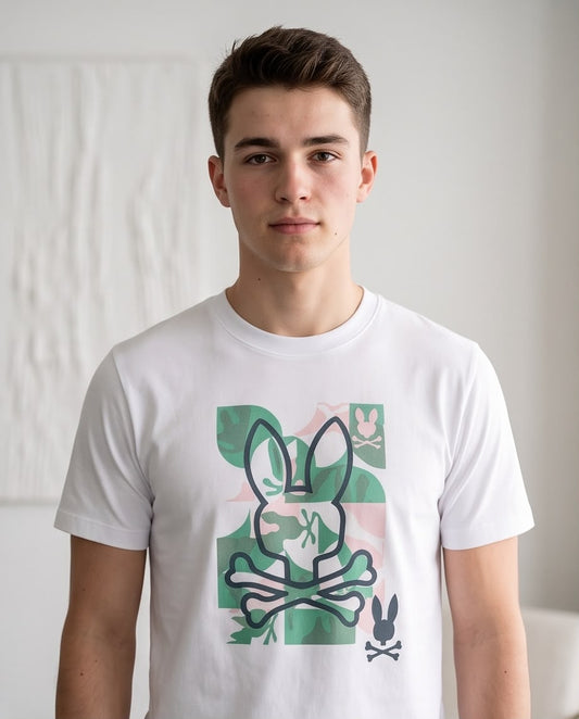 Camiseta Psycho Bunny Camuflaje Verde Rosa Blanca Hombre - Manga Corta Algodón