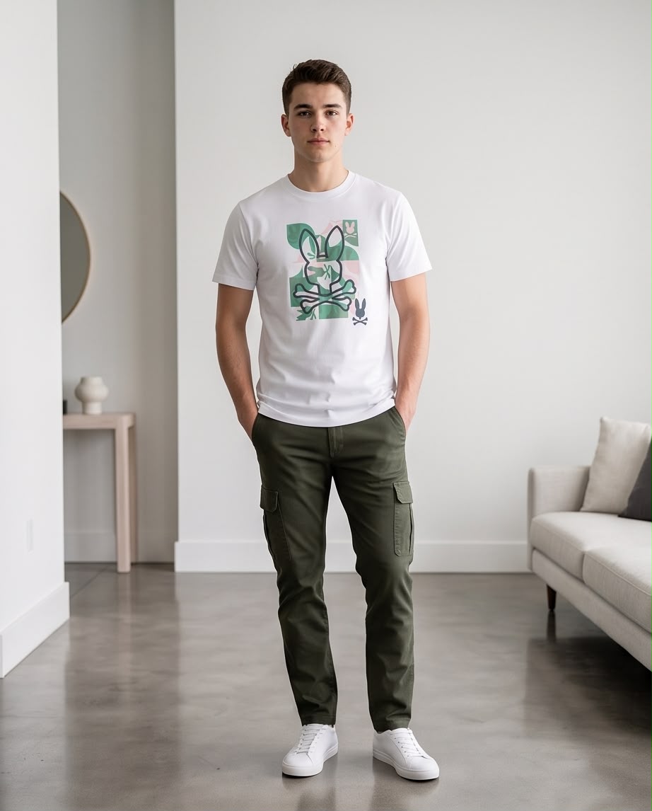 Camiseta Psycho Bunny Camuflaje Verde Rosa Blanca Hombre - Manga Corta Algodón