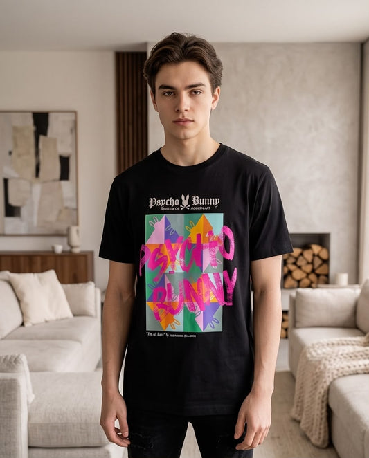 Camiseta Psycho Bunny Museum of Modern Art Negra Hombre - Manga Corta Algodón