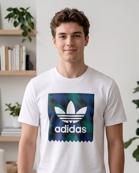 Camiseta Adidas Trebol Recuadro Tropical Verde Blanca Hombre - Manga Corta Algodón