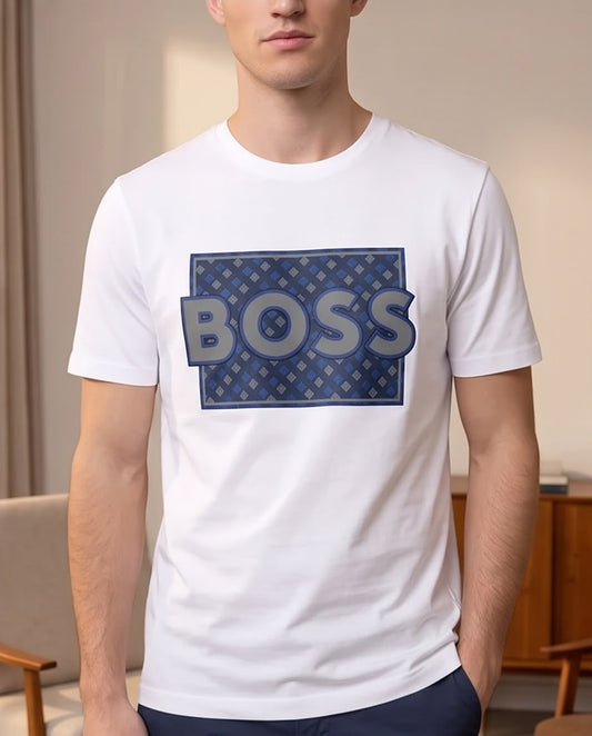 Camiseta Hugo Boss Logo Monograma Azul Blanca Hombre - Manga Corta Algodón