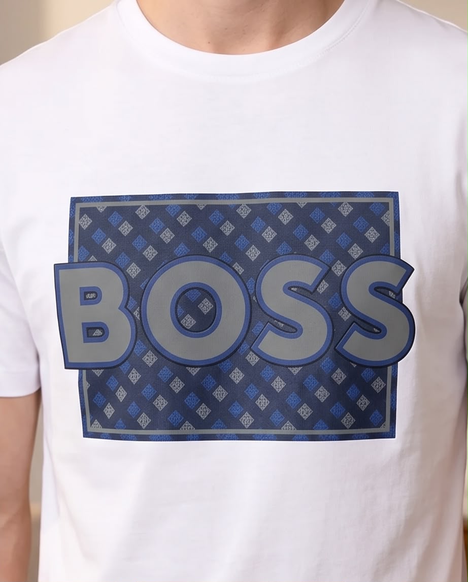Camiseta Hugo Boss Logo Monograma Azul Blanca Hombre - Manga Corta Algodón