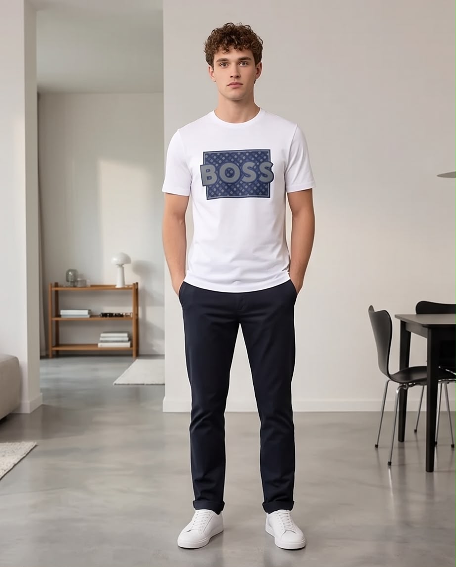 Camiseta Hugo Boss Logo Monograma Azul Blanca Hombre - Manga Corta Algodón