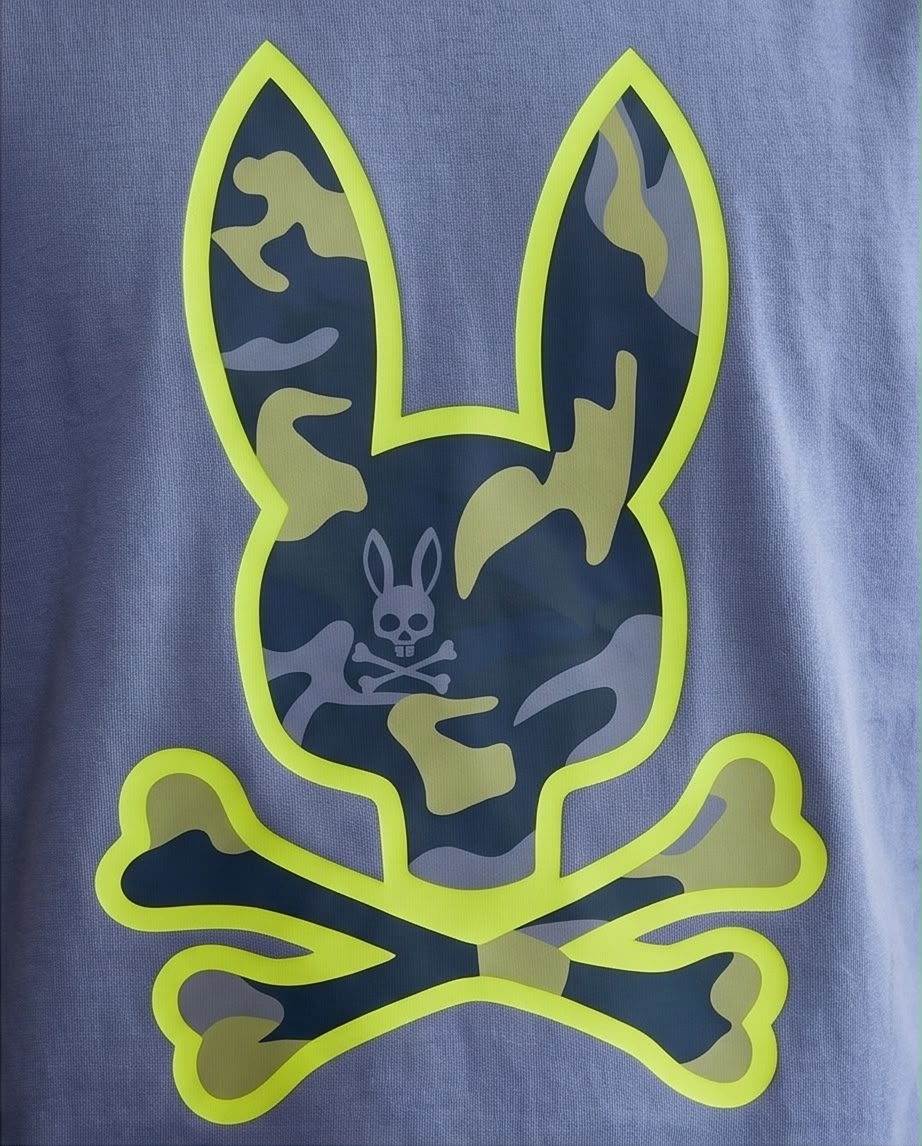 Camiseta Psycho Bunny Skull Bunny Camo Neon Verde Azul Acero Hombre - Manga Corta Algodón