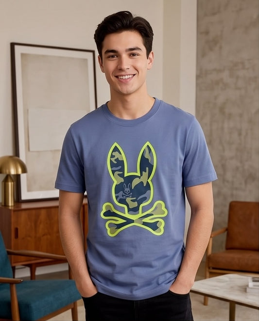 Camiseta Psycho Bunny Skull Bunny Camo Neon Verde Azul Acero Hombre - Manga Corta Algodón