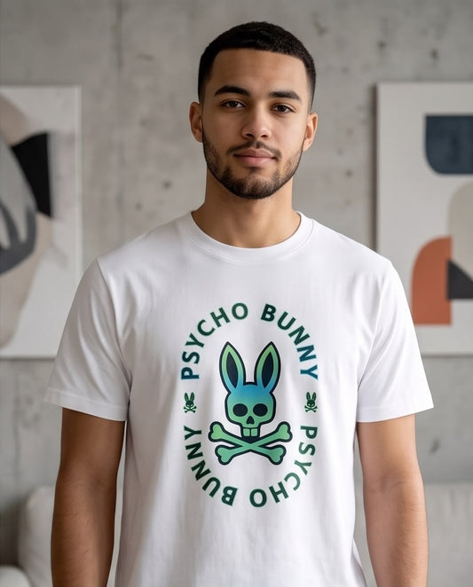 Camiseta Psycho Bunny Circle Logo Degradado Azul Verde Blanca Hombre - Manga Corta Algodón
