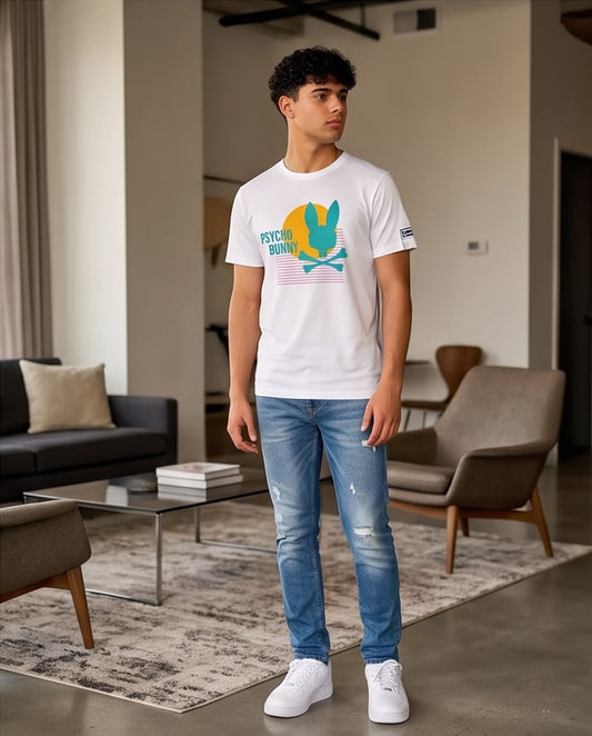 Camiseta Psycho Bunny Sunset Bunny Turquesa Blanca Hombre - Manga Corta Algodón