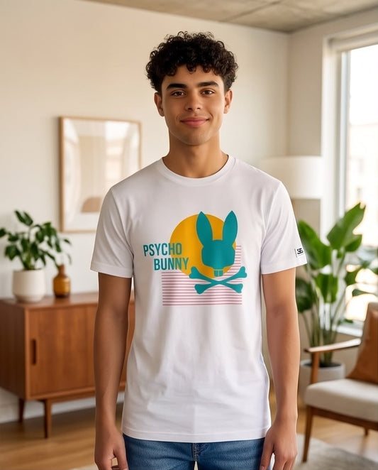 Camiseta Psycho Bunny Sunset Bunny Turquesa Blanca Hombre - Manga Corta Algodón
