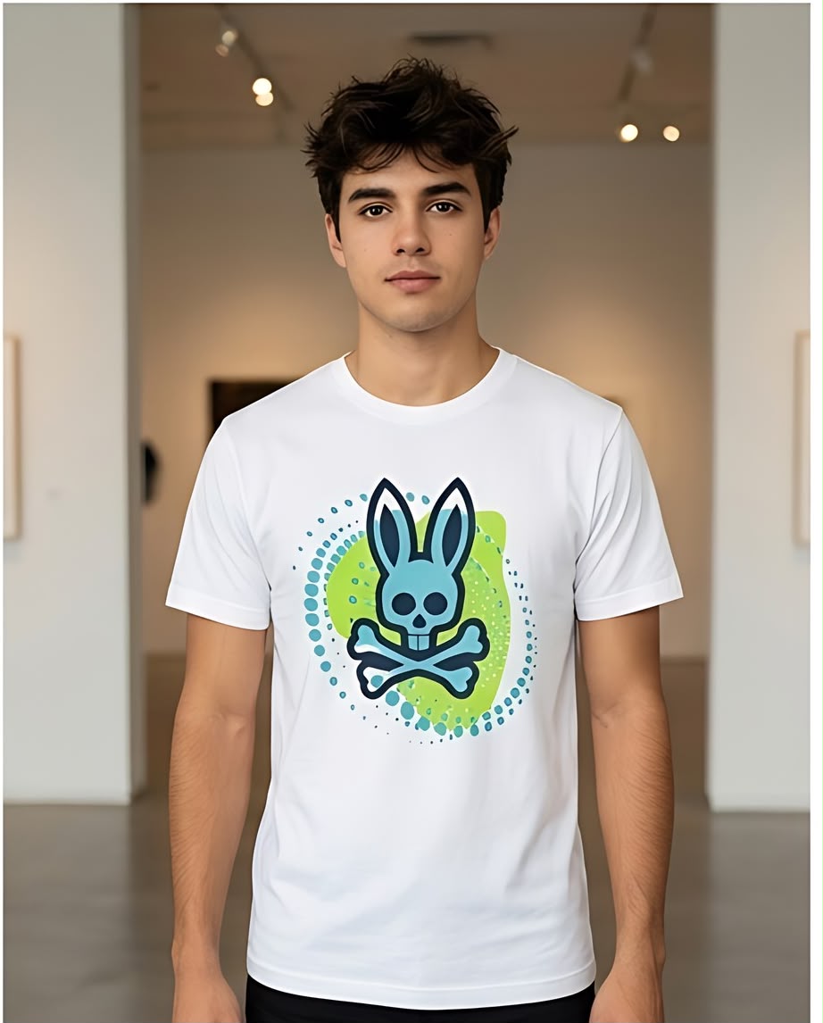 Camiseta Psycho Bunny Logo Turquesa Halftone Blanca Hombre - Manga Corta Algodón