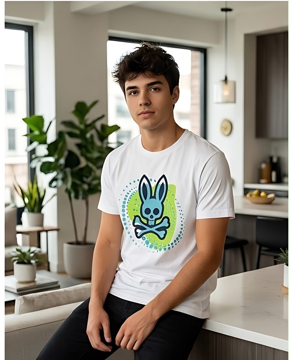 Camiseta Psycho Bunny Logo Turquesa Halftone Blanca Hombre - Manga Corta Algodón