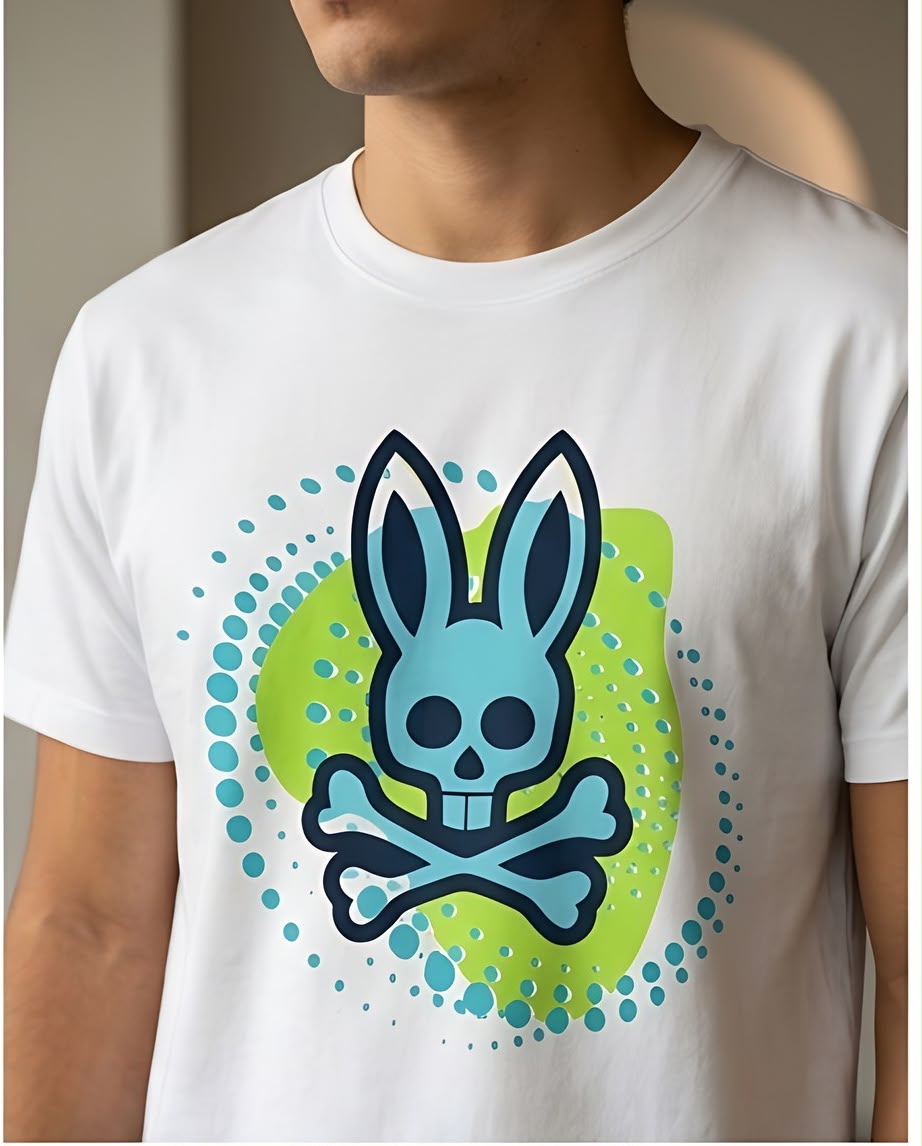Camiseta Psycho Bunny Logo Turquesa Halftone Blanca Hombre - Manga Corta Algodón