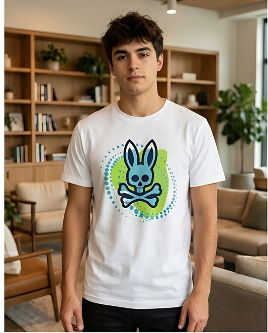 Camiseta Psycho Bunny Logo Turquesa Halftone Blanca Hombre - Manga Corta Algodón
